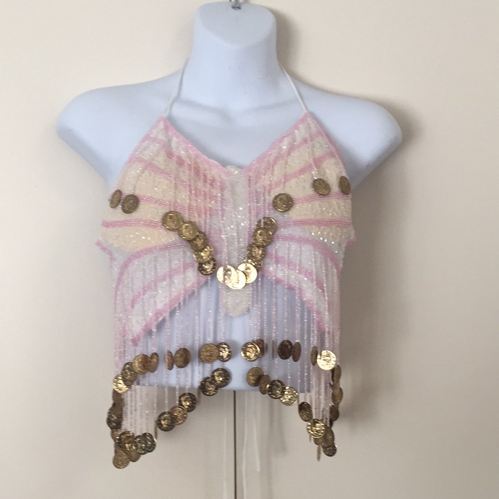 Bellydance top light pink and white with gold coin
